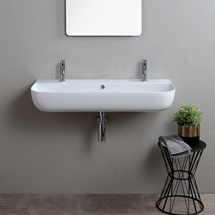 Glossy White Ceramic Wall-Mount Rectangular Bathroom Sink