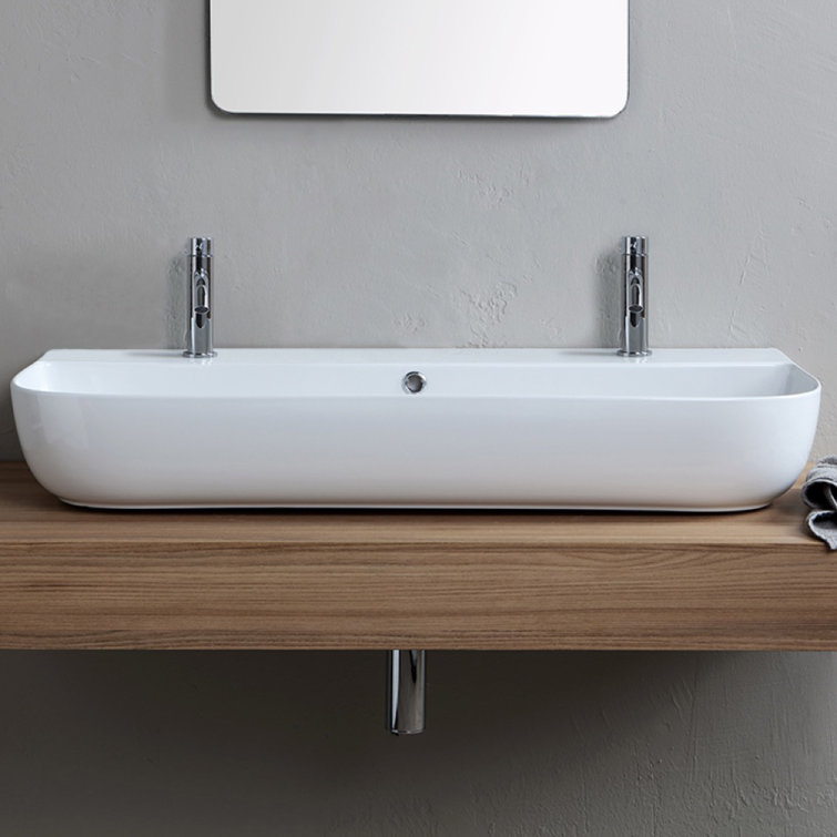 Glossy White Ceramic Wall-Mount Rectangular Bathroom Sink