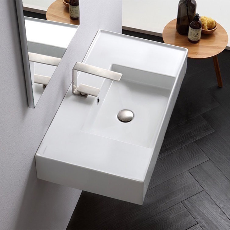 Glossy White Ceramic Rectangular Wall-Mount Bathroom Sink