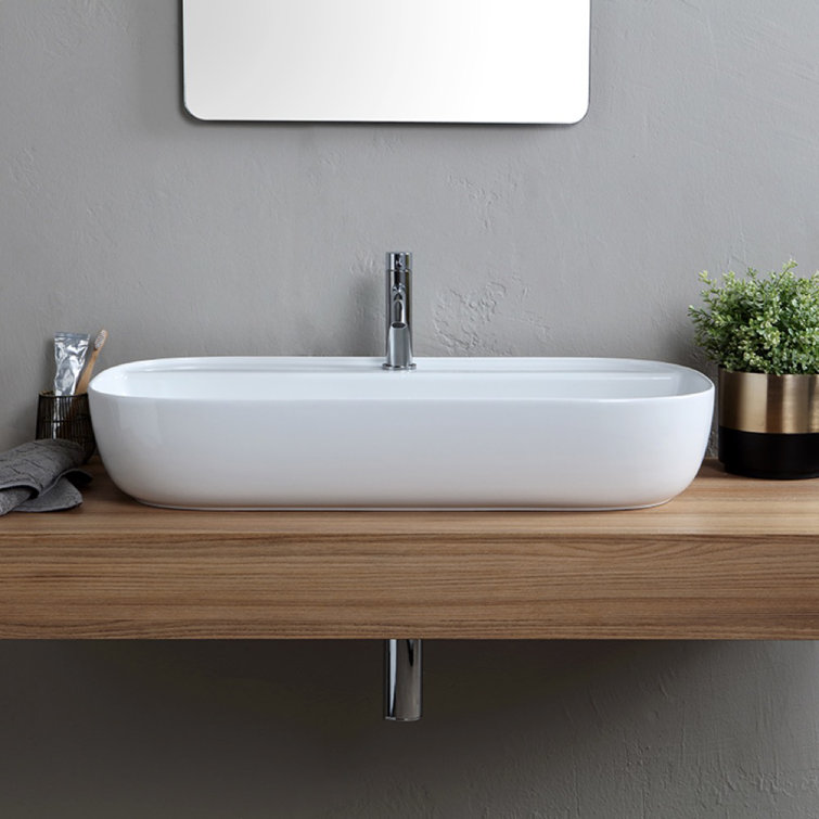 Scarabeo 15'' White Ceramic Oval Vessel Bathroom Sink