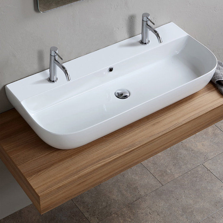 Glossy White Ceramic Wall-Mount Rectangular Bathroom Sink