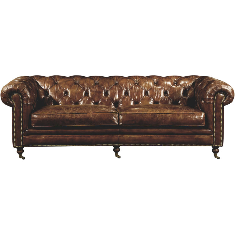 Idalia 87" Brown Leather Chesterfield Sofa with Rolled Arms