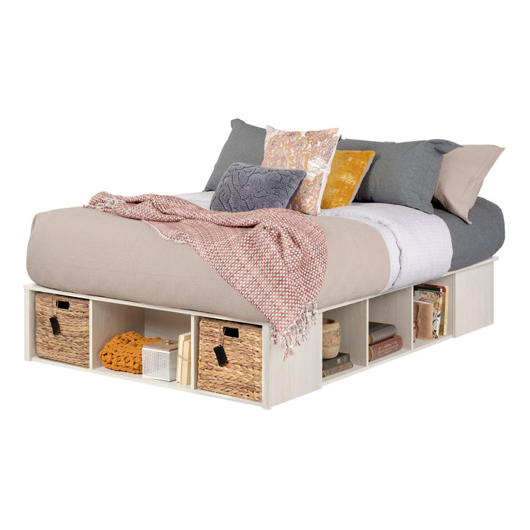 Full Winter Oak Upholstered Storage Bed with Rattan Baskets