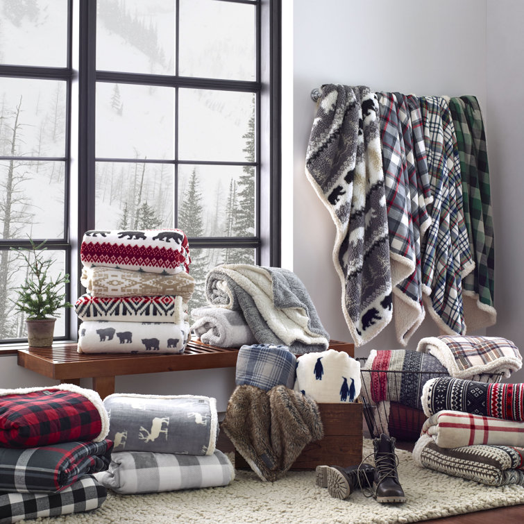 Eddie Bauer Cozy Plaid Sherpa 18" Square Throw Pillow in Gray and Red