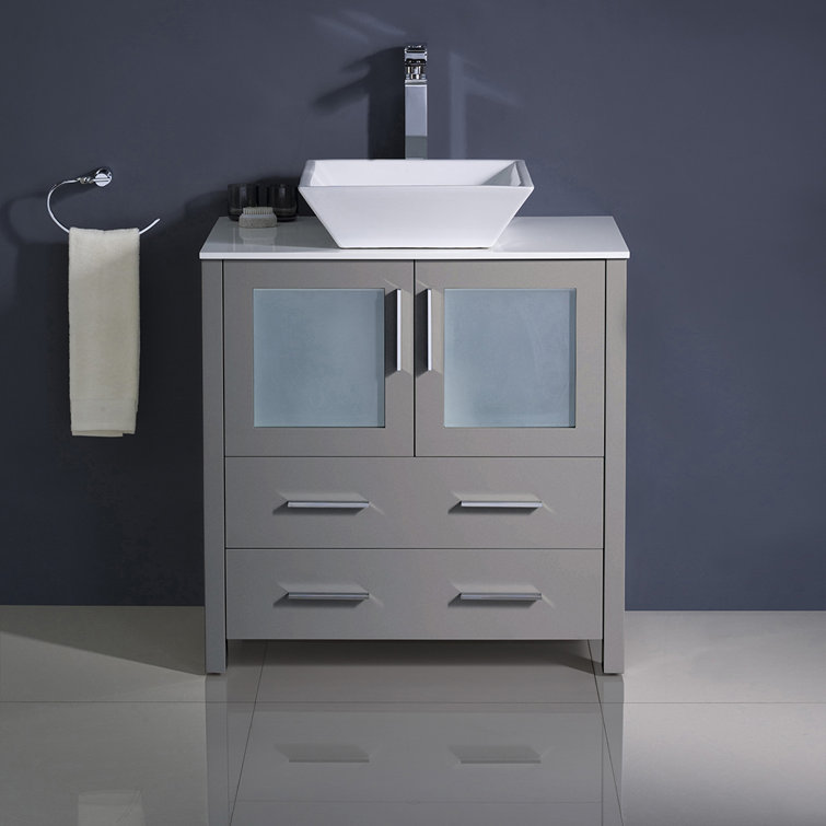 Contemporary 30" Gray Engineered Wood Bathroom Vanity with Ceramic Top