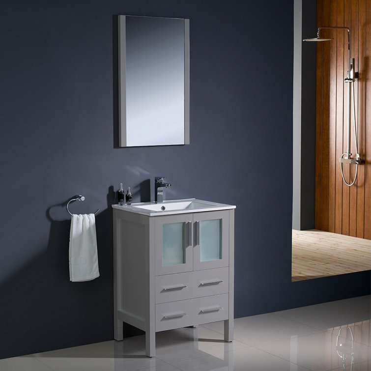 Gray Ceramic and Engineered Wood Single Vanity Set with Mirror