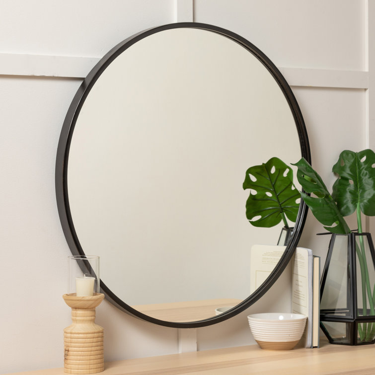 Luna 30" Round Black Matte Wood Wall Mirror