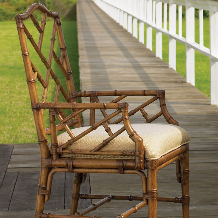 Beige Leather Wrapped Bamboo Arm Chair with Geometric Design