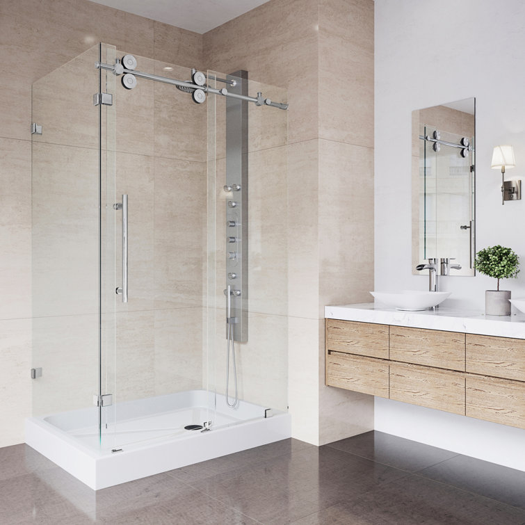 Winslow 48" Frameless Clear Glass Sliding Shower Enclosure with Black Hardware