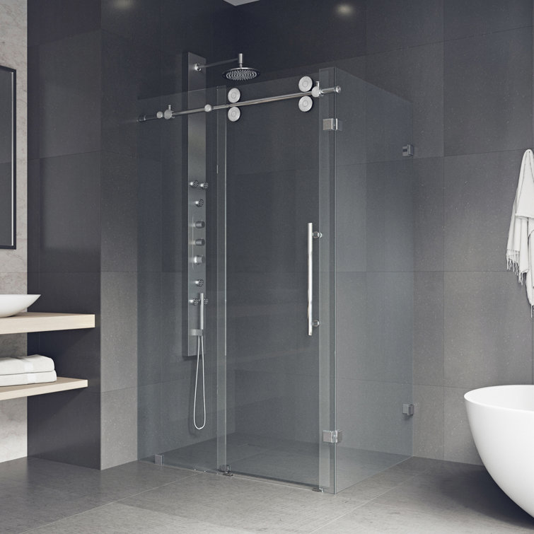 Winslow 58" Frameless Sliding Shower Enclosure with Clear Glass and Black Hardware