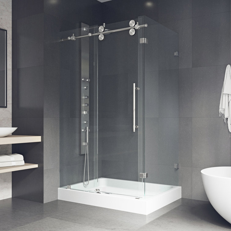 Winslow 46" Black Frameless Sliding Shower Enclosure with Clear Glass