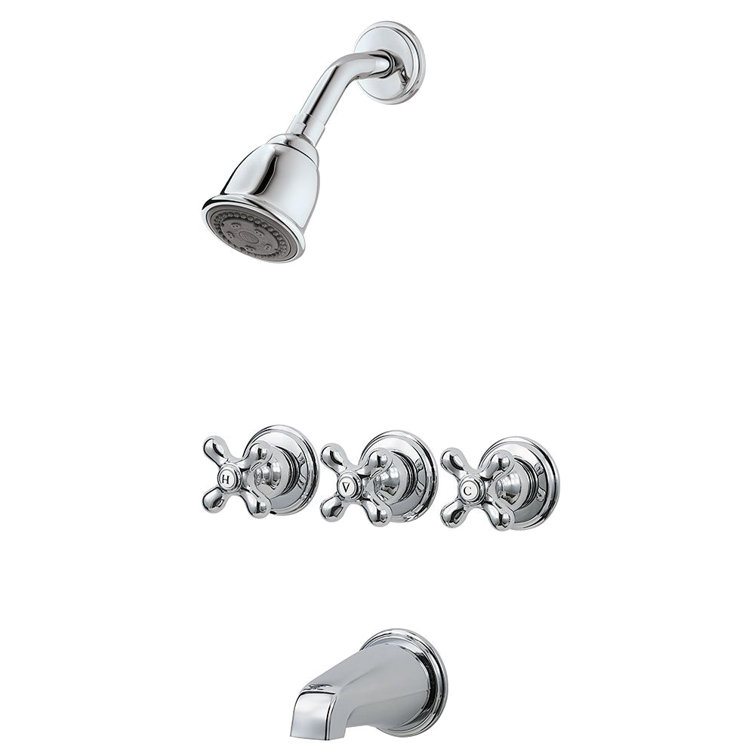 Polished Chrome Wall Mounted 3-Handle Tub and Shower Faucet