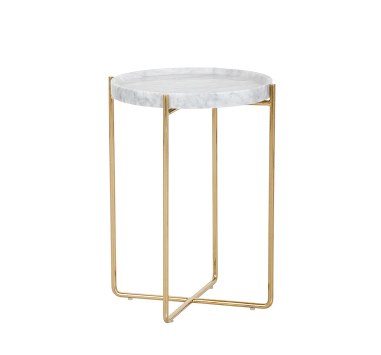 Contemporary Glam White Marble Round End Table with Gold Metal Base