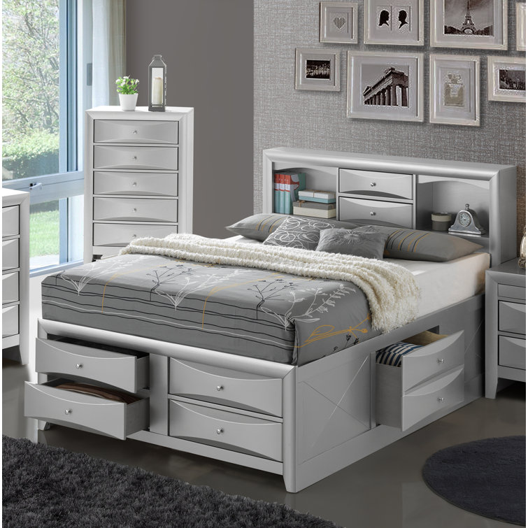 Silver Queen Wood Frame Bookcase Storage Bed with Drawers