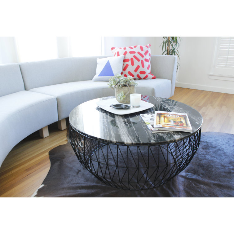 Lounge-Height Round Black Metal and Glass/Marble Coffee Table