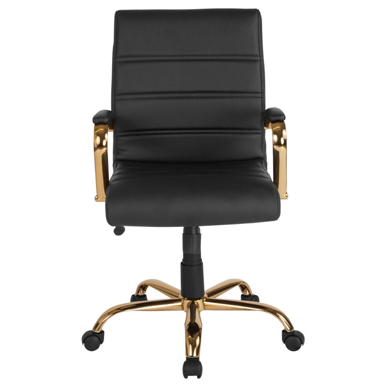 Mid-Back Black LeatherSoft Executive Swivel Office Chair with Gold Frame