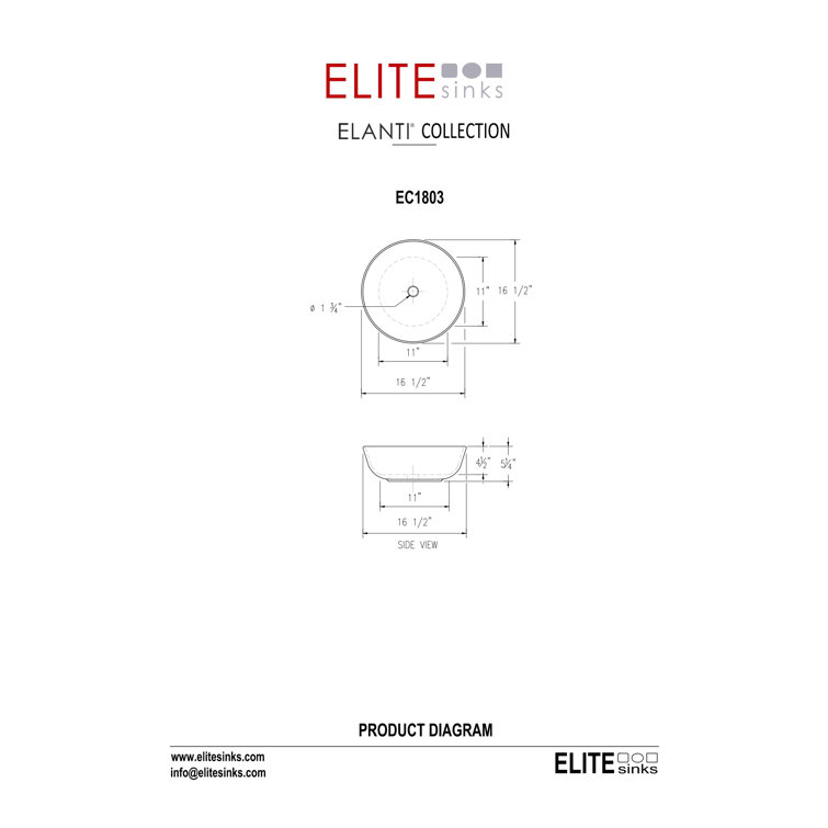 Elanti 16.5'' White Ceramic Round Bathroom Sink