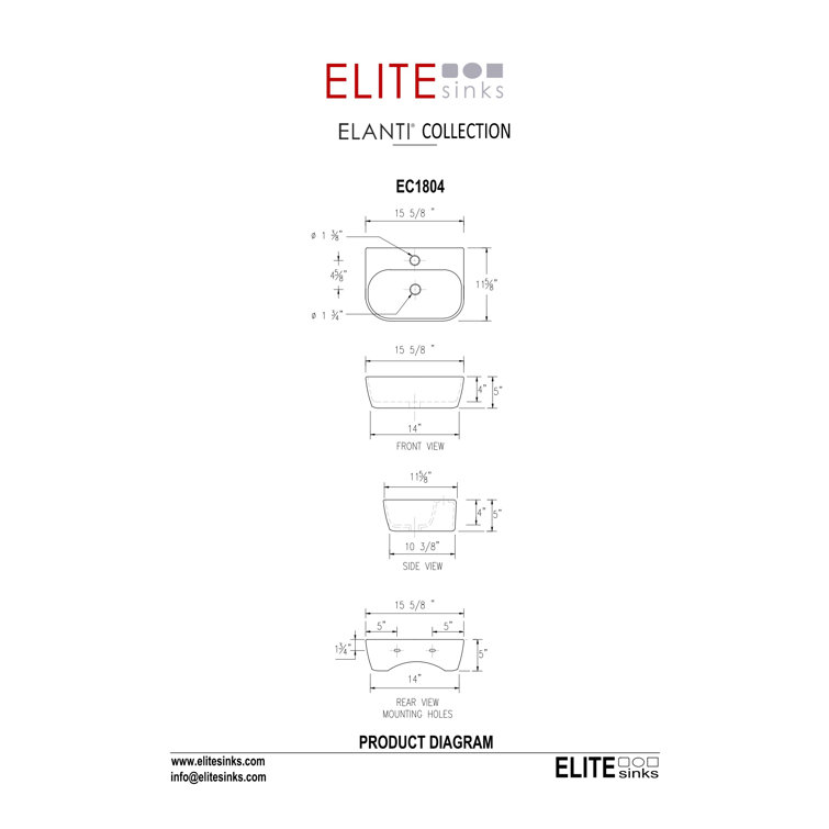 Elanti 11.625'' White Ceramic Rectangular Wall-Mount Bathroom Sink