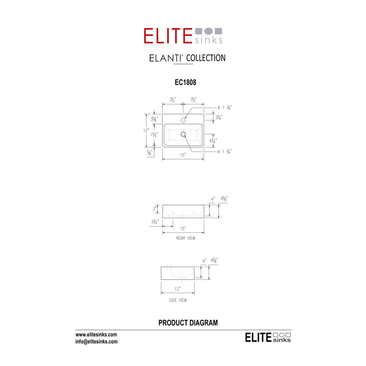 Elanti 12'' White Ceramic Rectangular Wall-Mount Bathroom Sink