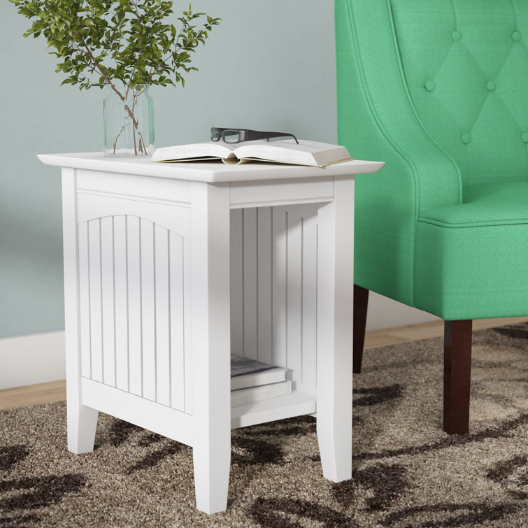 White Solid Wood Rectangular End Table with Shelf