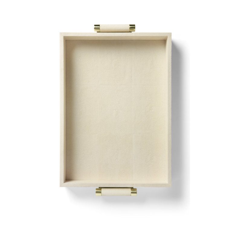 Cream Embossed Leather Rectangle Serving Tray with Brass Handles