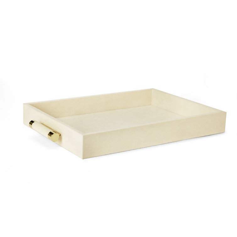 Cream Embossed Leather Rectangle Serving Tray with Brass Handles