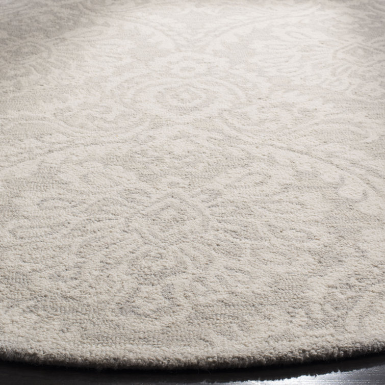 Handmade Floral Elegance Silver/Ivory Wool Round Rug