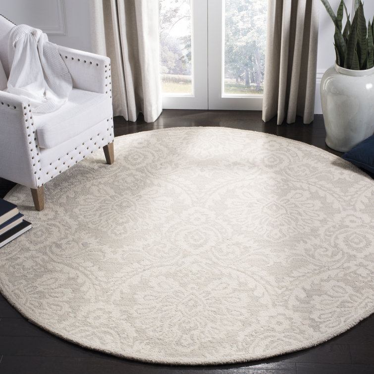Handmade Floral Elegance Silver/Ivory Wool Round Rug