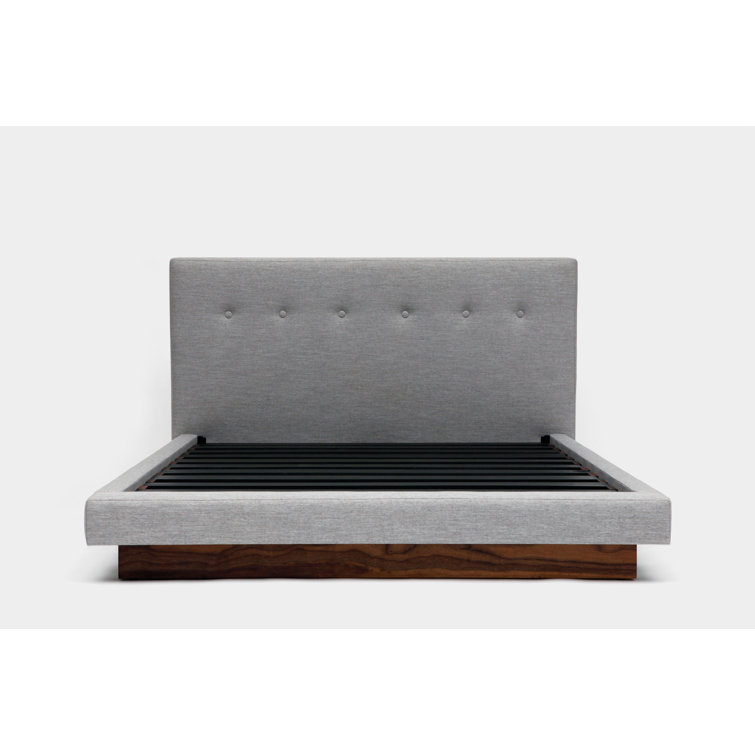 King Ash Linen Tufted Upholstered Platform Bed with Walnut Base