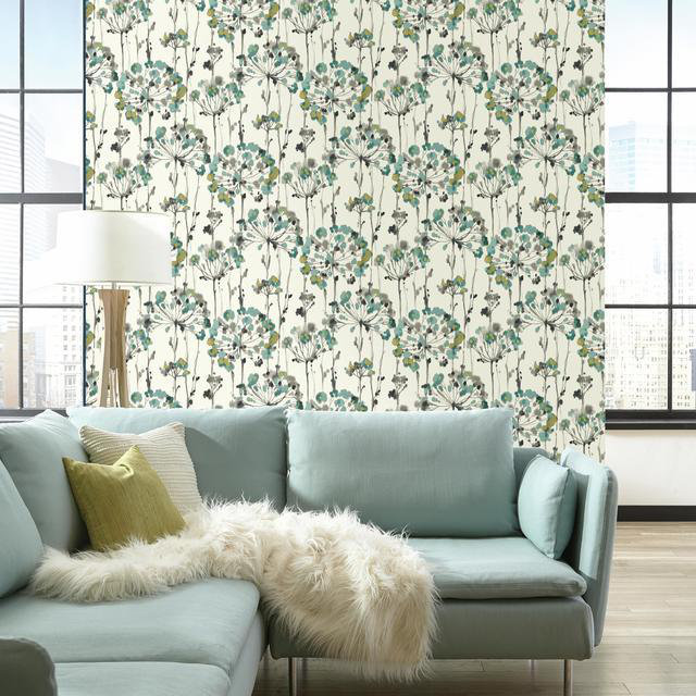 Turquoise and White Floral Vinyl Wallpaper Roll