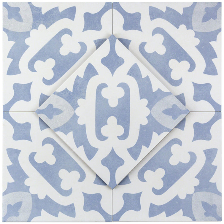 Anabella 9" x 9" Blue and White Porcelain Patterned Tile