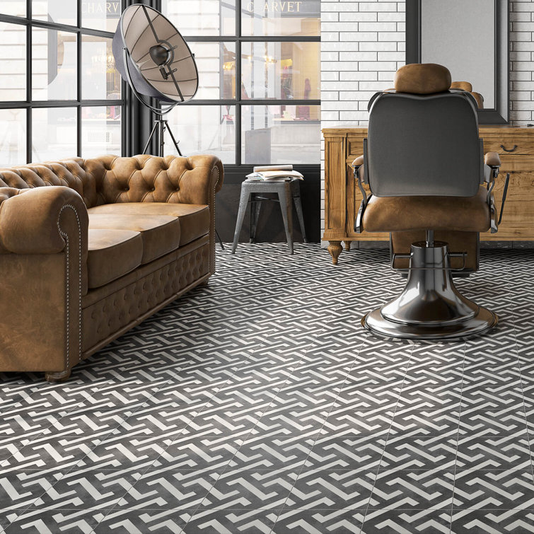 Anabella 9" x 9" Black and White Porcelain Patterned Tile