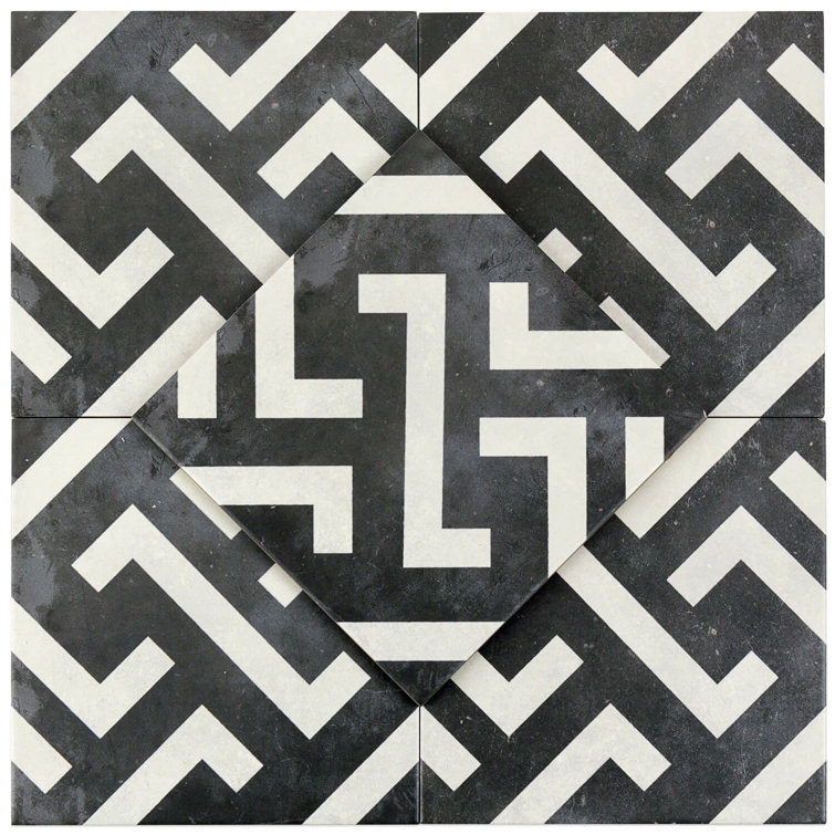 Anabella 9" x 9" Black and White Porcelain Patterned Tile