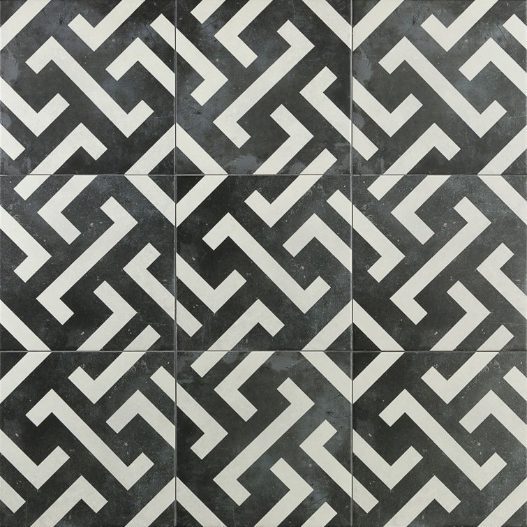 Anabella 9" x 9" Black and White Porcelain Patterned Tile