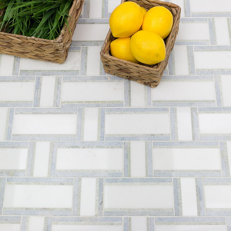 12x12 Green and White Marble Basketweave Mosaic Tile