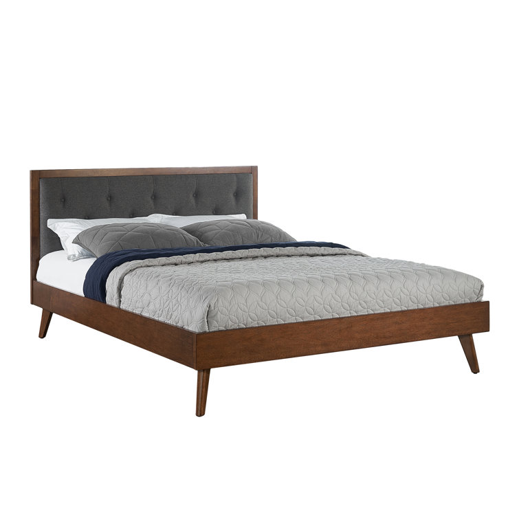 Walnut King Platform Bed with Tufted Grey Upholstery