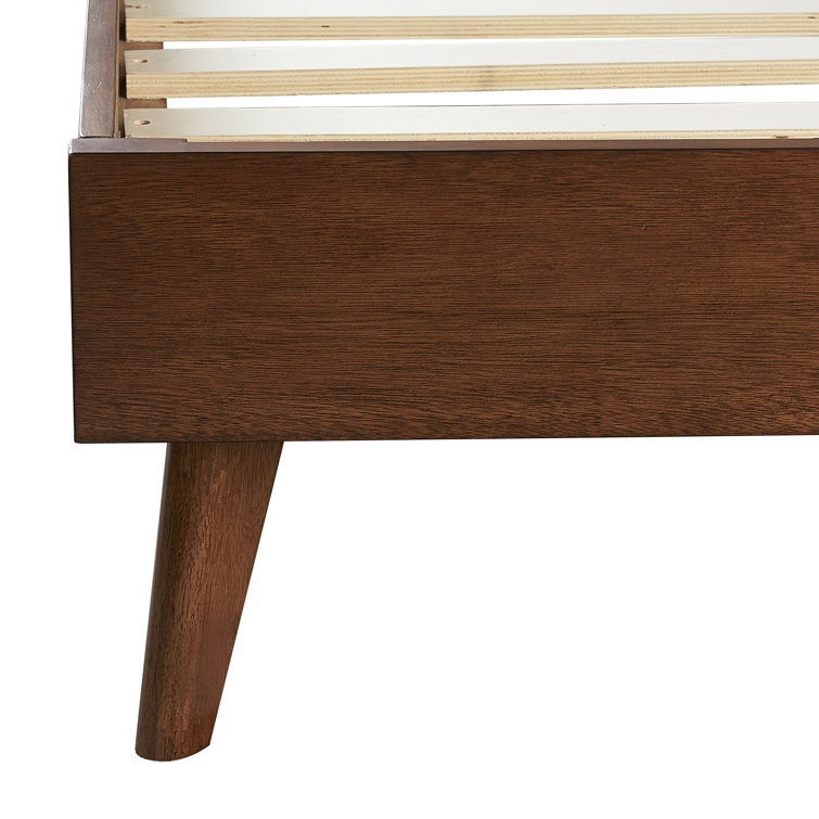 Walnut King Platform Bed with Tufted Grey Upholstery