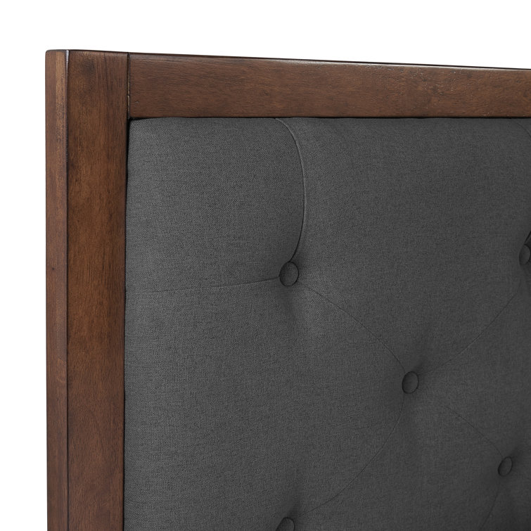 Walnut King Platform Bed with Tufted Grey Upholstery