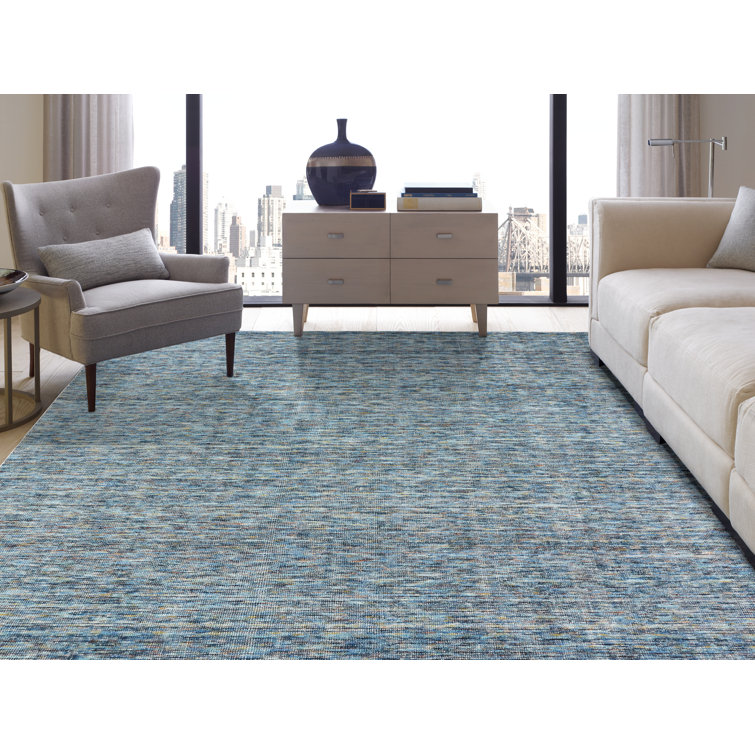 Handmade Blue Wool and Viscose Rectangular Area Rug