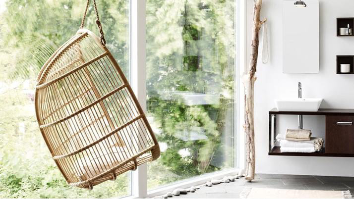 Natural Rattan Hanging Swing Chair with White Canvas Cushion