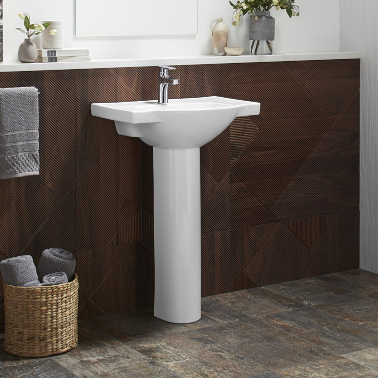 White Ceramic Pedestal Bathroom Sink with Single Faucet Hole
