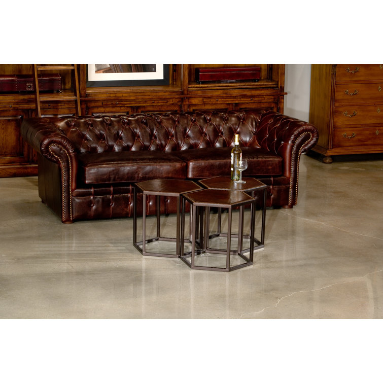 Brown Leather Tufted Chesterfield Sofa with Rolled Arms