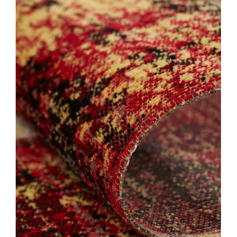 Red and Yellow Abstract Rectangular Viscose Area Rug