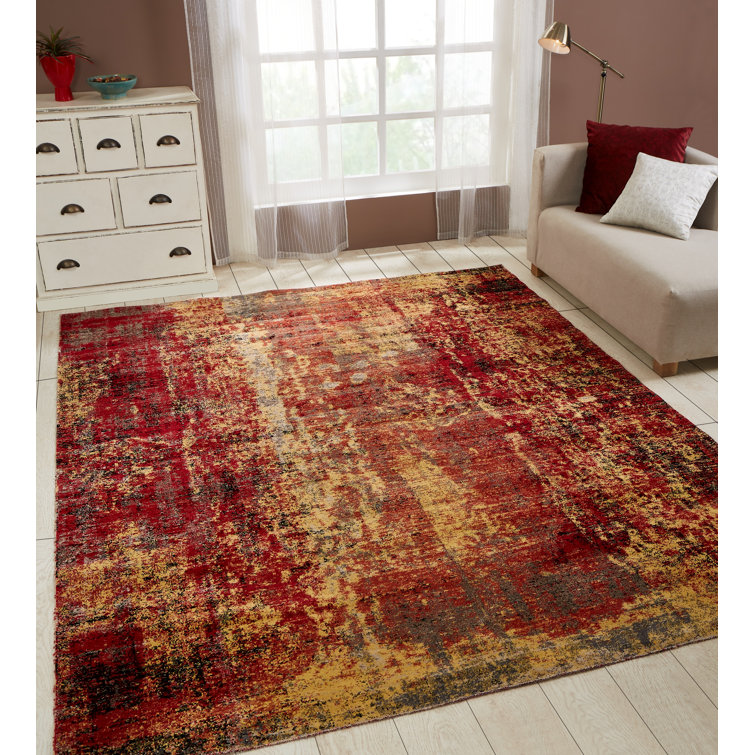 Red and Yellow Abstract Rectangular Viscose Area Rug