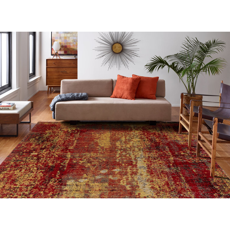 Red and Yellow Abstract Rectangular Viscose Area Rug