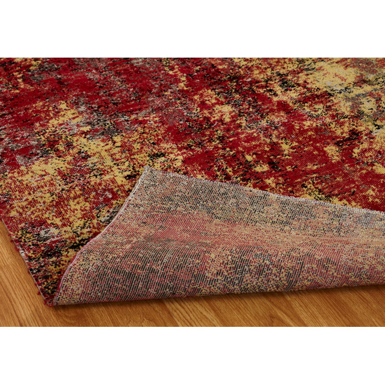 Red and Yellow Abstract Rectangular Viscose Area Rug