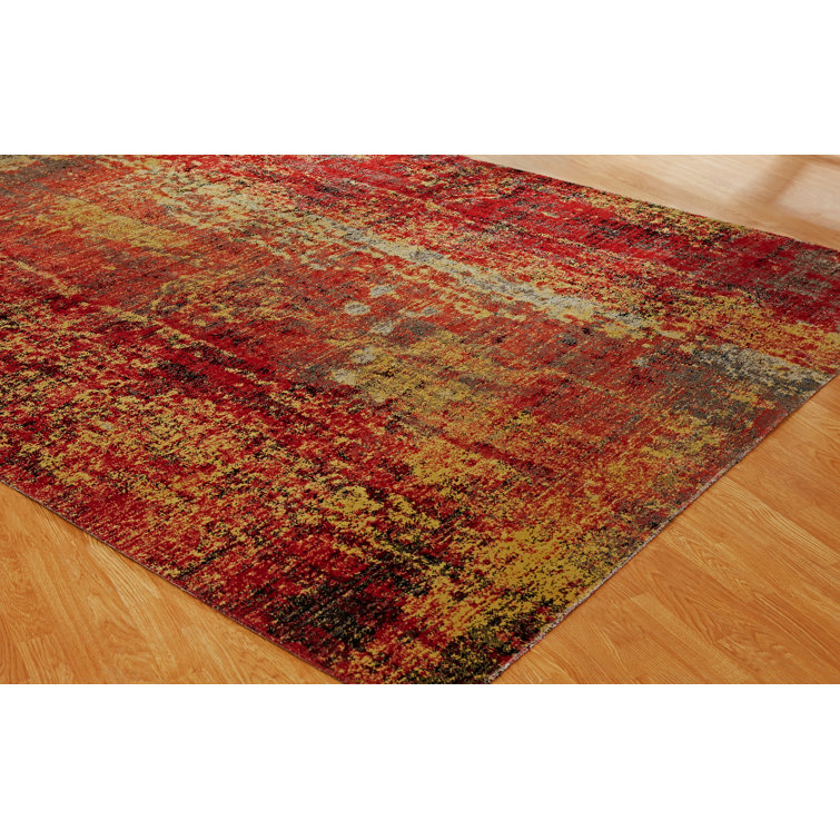 Red and Yellow Abstract Rectangular Viscose Area Rug