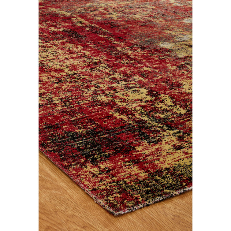 Red and Yellow Abstract Rectangular Viscose Area Rug