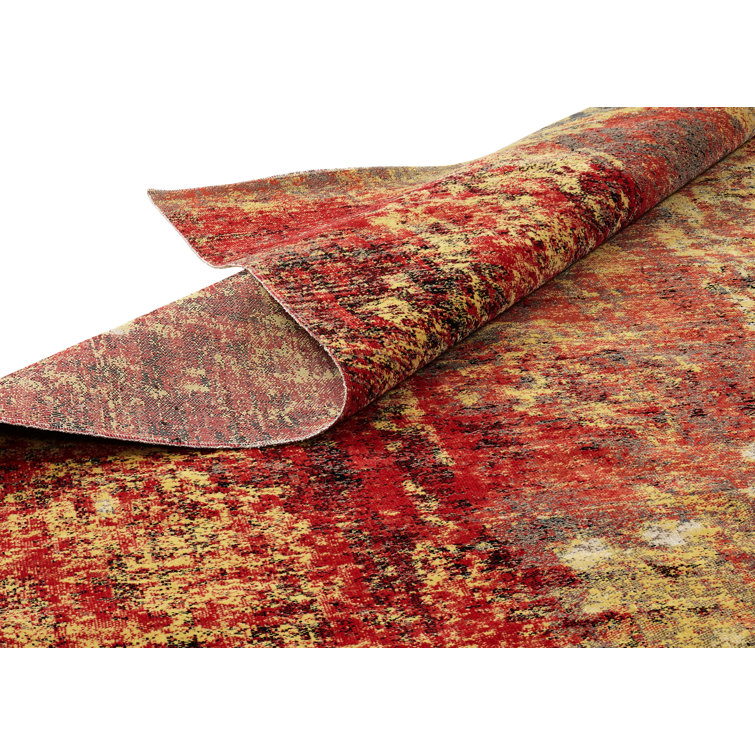 Red and Yellow Abstract Rectangular Viscose Area Rug