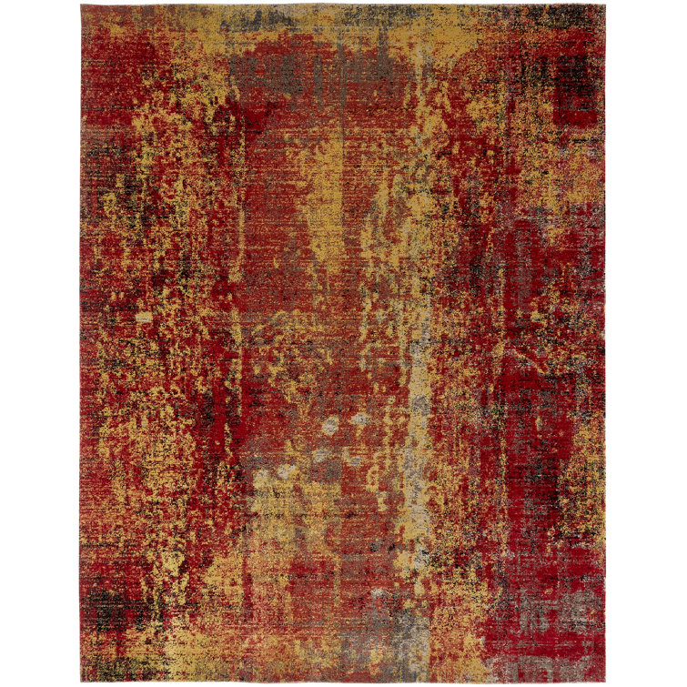 Red and Yellow Abstract Rectangular Viscose Area Rug